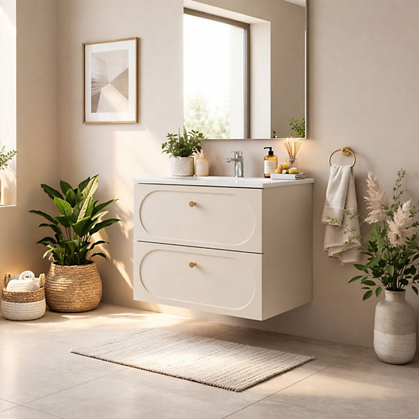 Ensemble de salle de bain TORNADO : meuble sous vasque 60cm beige et vasque à encastrer blanche