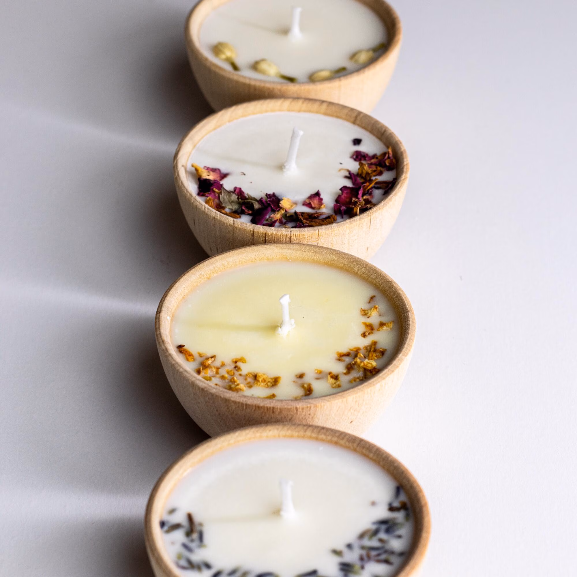 Essential Oil Votive Candles | Set of 4 Soy Candles in Wooden Bowls | Aromatherapy Sampler Gift Set | Handmade Non-Toxic | Megan's Pantry