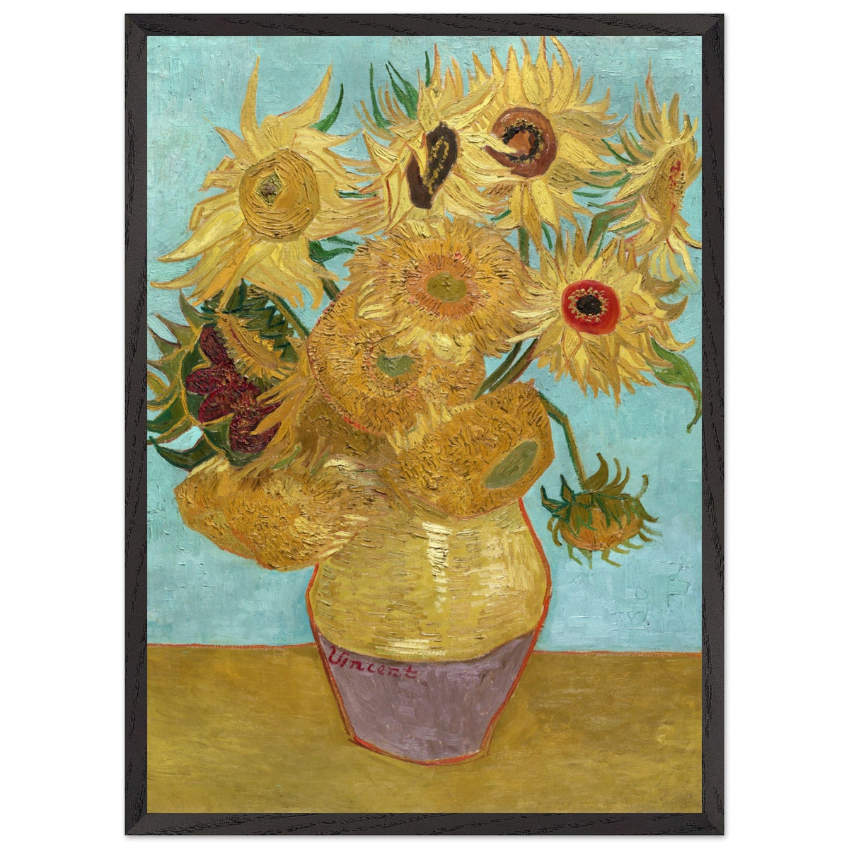 Poster met Lijst Vincent van Gogh - Vaas met twaalf zonnebloemen  - 50x70 cm - Blauw