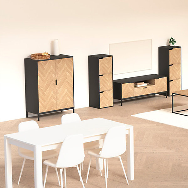 Cabinet Chevrons 2 portes effet pin naturel et noir 110x80cm - Noir- 5five