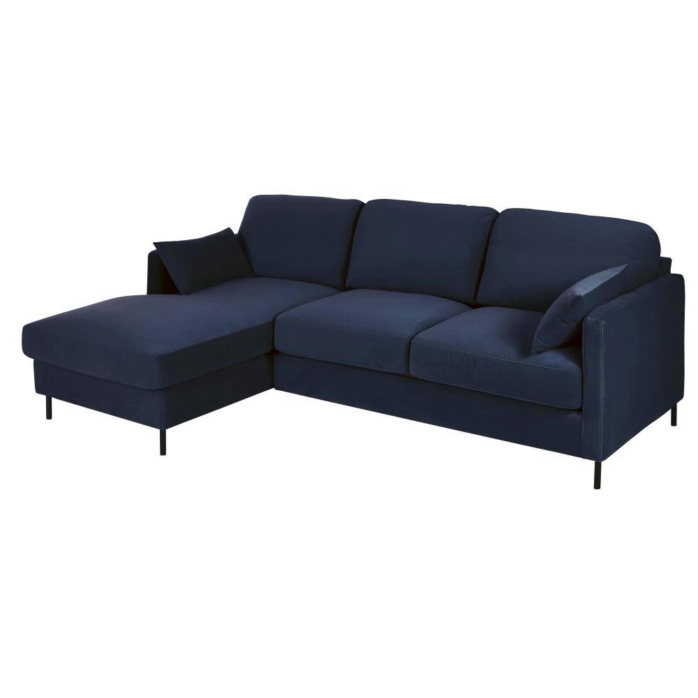 Julian - Canapé d'angle gauche 3/4 places en velours bleu nuit