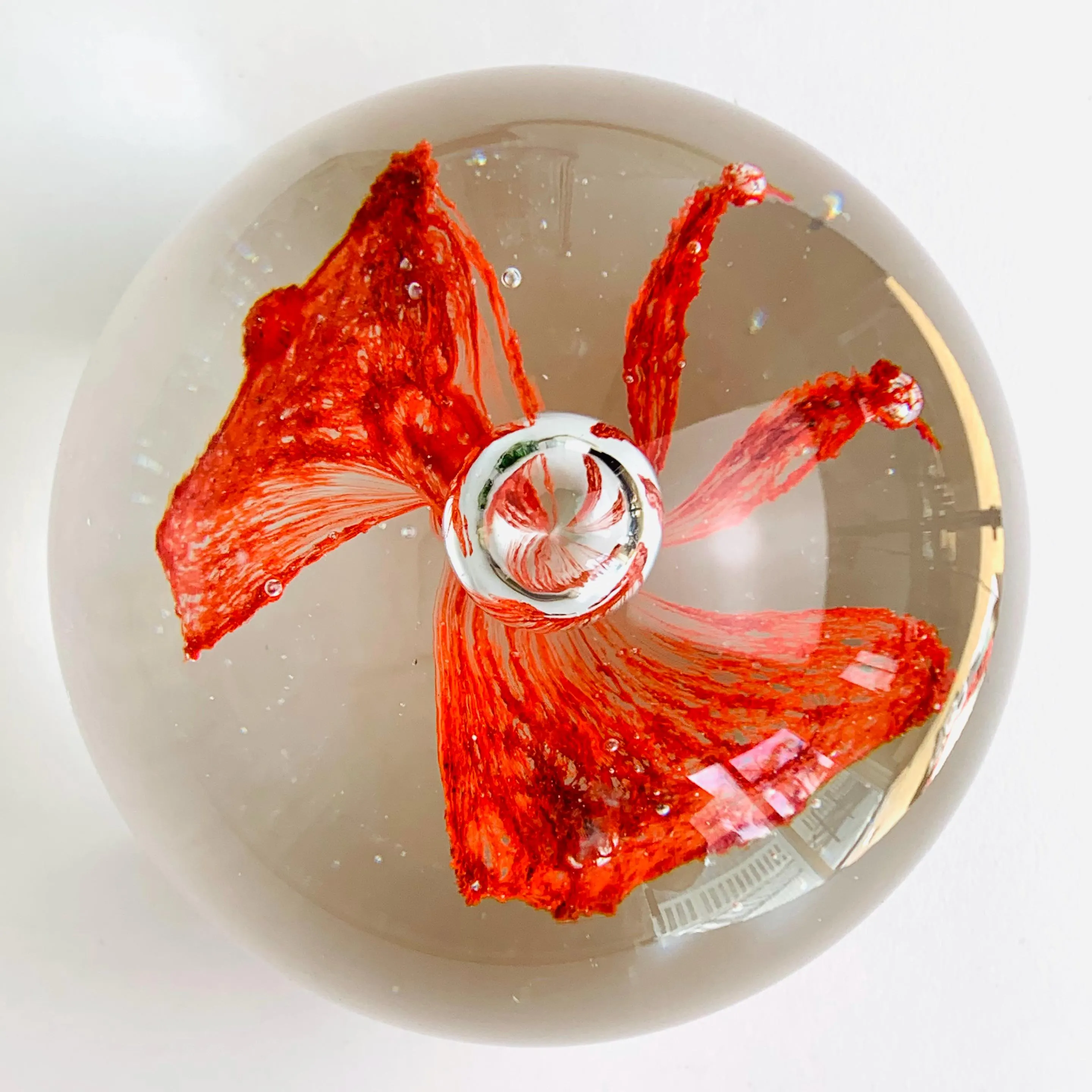 GLASS BALL PAPERWEIGHT, Blown Glass Art Paperweights, Red Flower, Ball Paperweight, Elegant Desk Decor