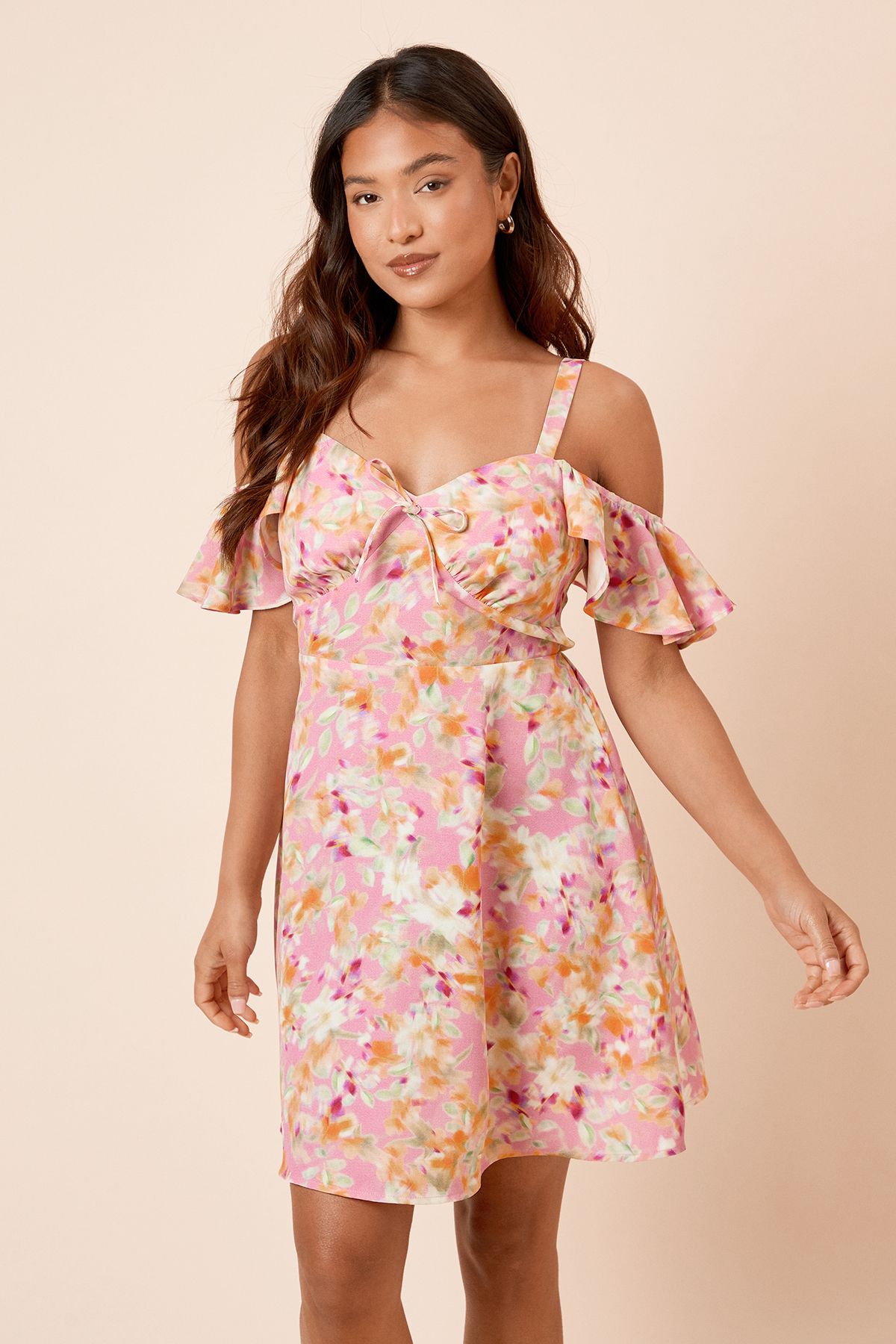 Dorothy Perkins Petite Floral Tie Front Cold Shoulder Mini Dress