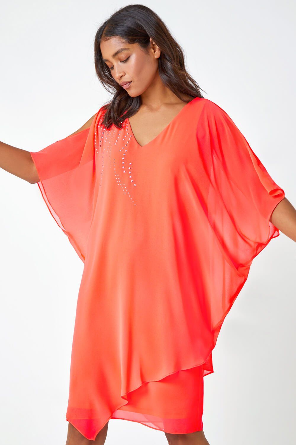 Roman Embellished Cold Shoulder Overlay Dress