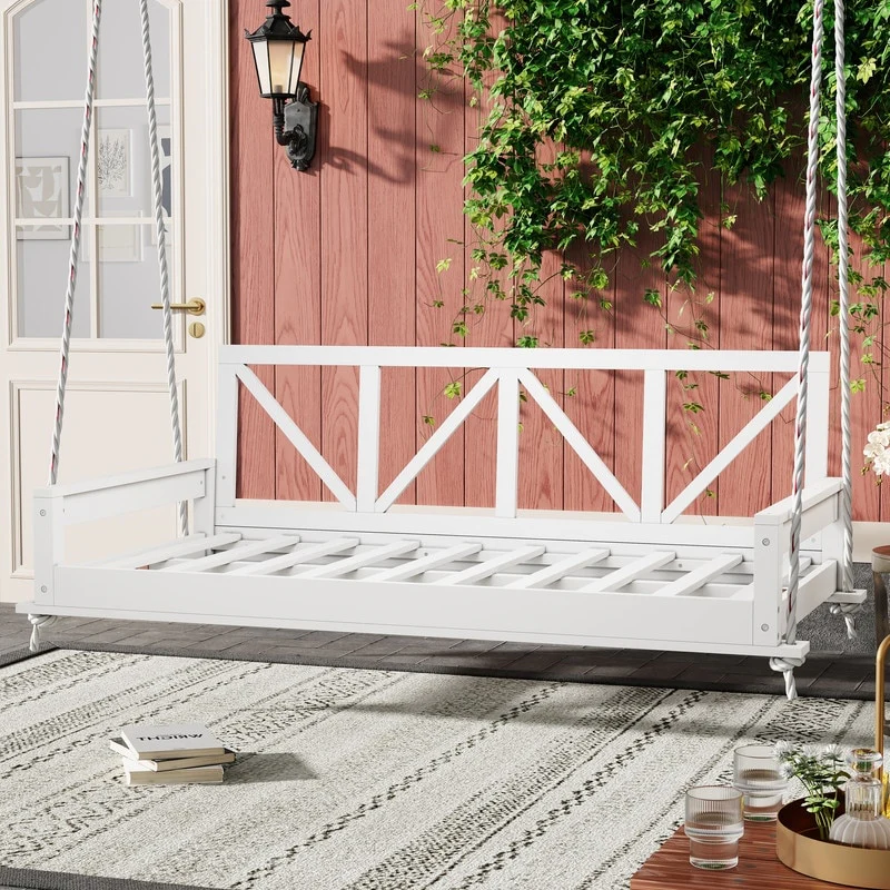 Acacia Wood Twin Size Patio Swing Bed with Hanging Frame