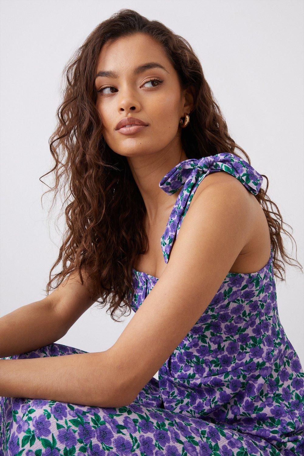 Dorothy Perkins Petite Floral Button Front Tie Shoulder Jersey Midi Dress
