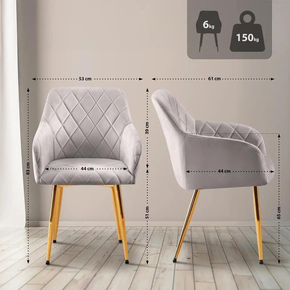 CLP Set van 2 Eetkamerstoel Monett goud Frame - Fluweel - grijs