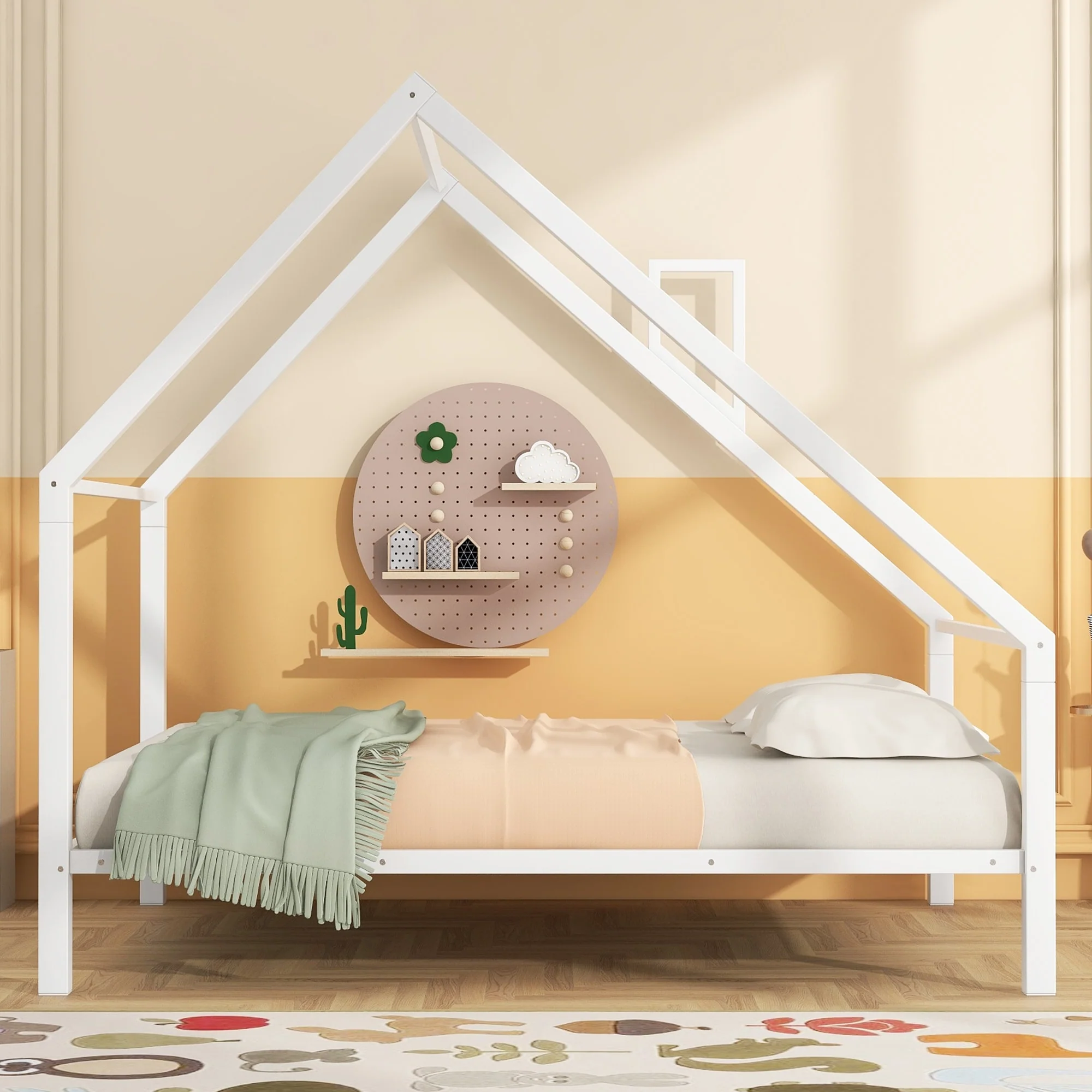 Whimsical Full Size Metal House Bed with Roof and Storage Space, Kids Bed Frame