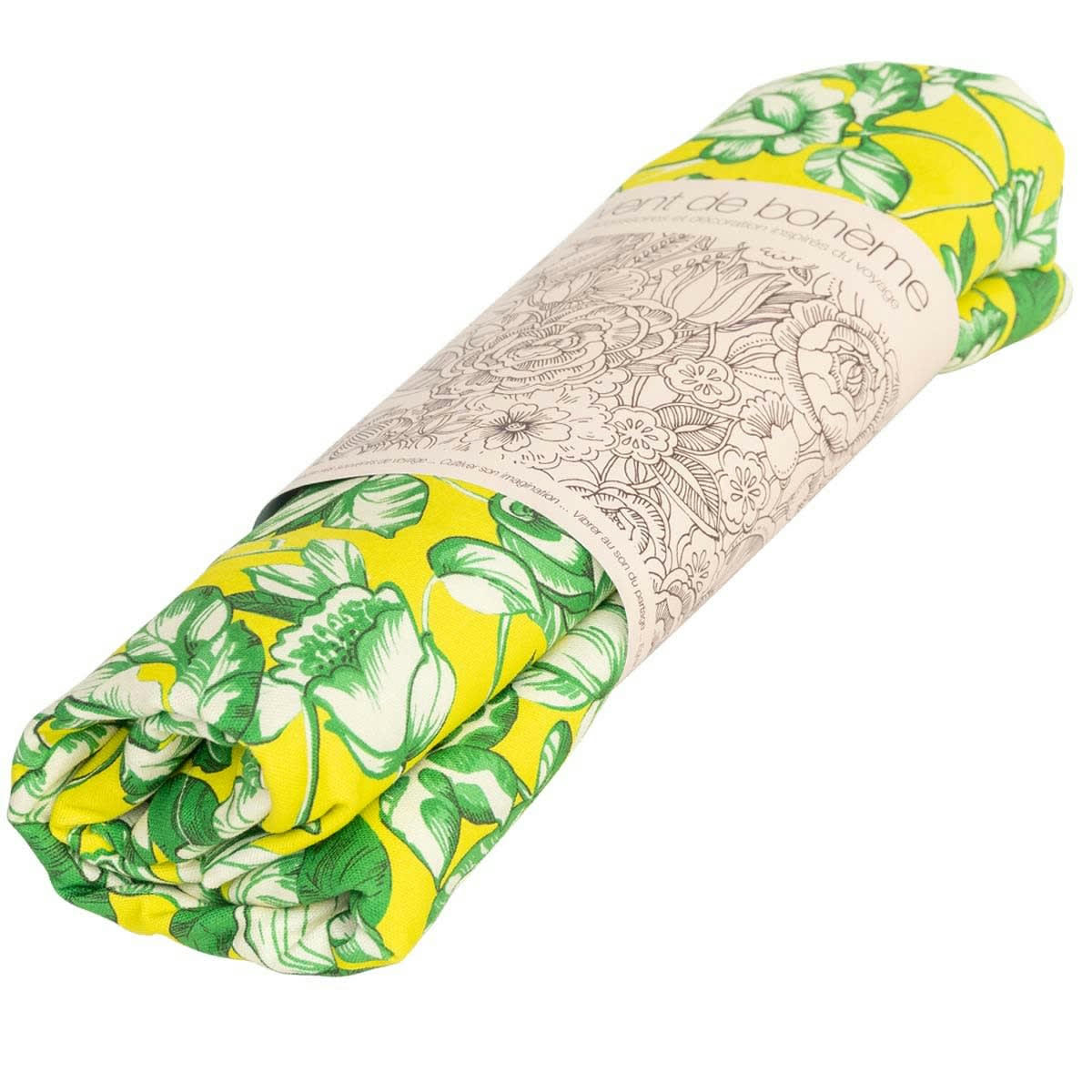 APONI - Nappe grand format en coton imprimé fleuri jaune 140x235