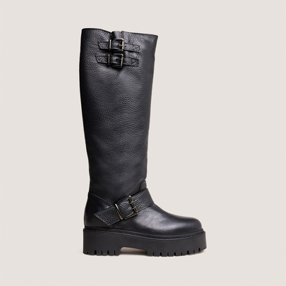 Bottes à sangles et semelles crantéesen cuir grainé noir | REINE