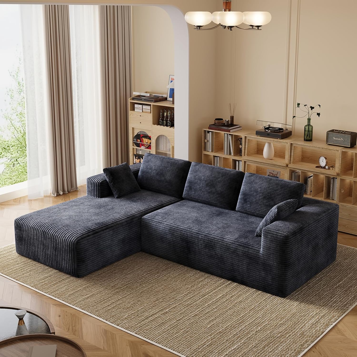 106 Corduroy Sectional Couch, Boneless L Shaped Couch with Deep Seat, Cloud Foam Sofa with Oversized Chaise, Sectional Sofa No Assembly Needed for Living Room