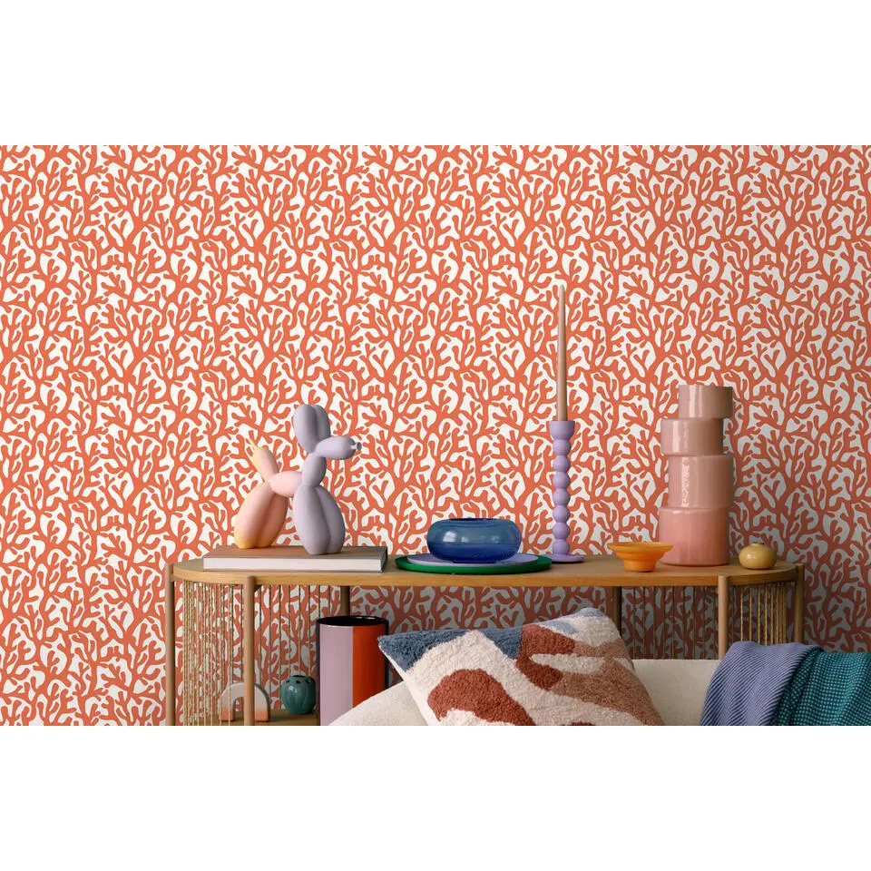 ESTAhome behang koraal oranje en wit - 50 x 900 cm