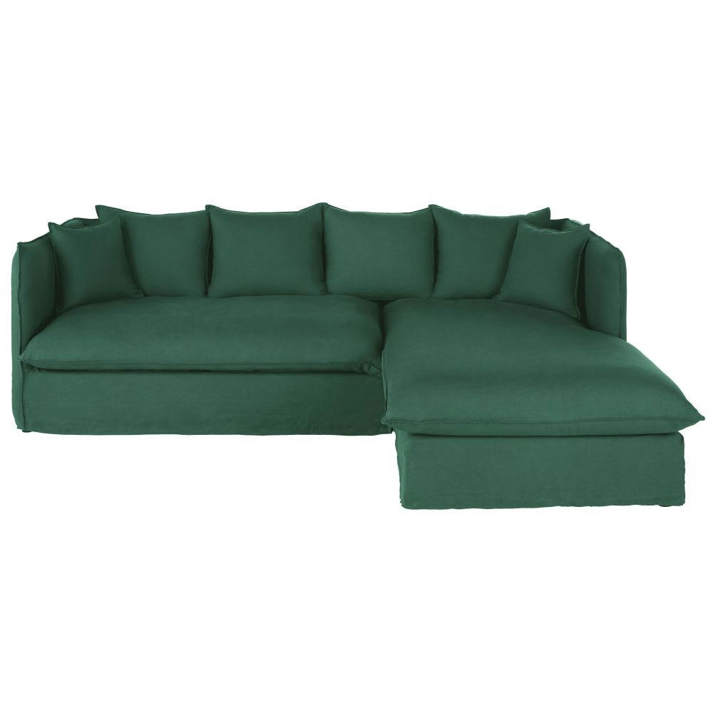 Louvain - Canapé d'angle droit convertible 3/4 places en lin froissé vert, matelas 10 cm