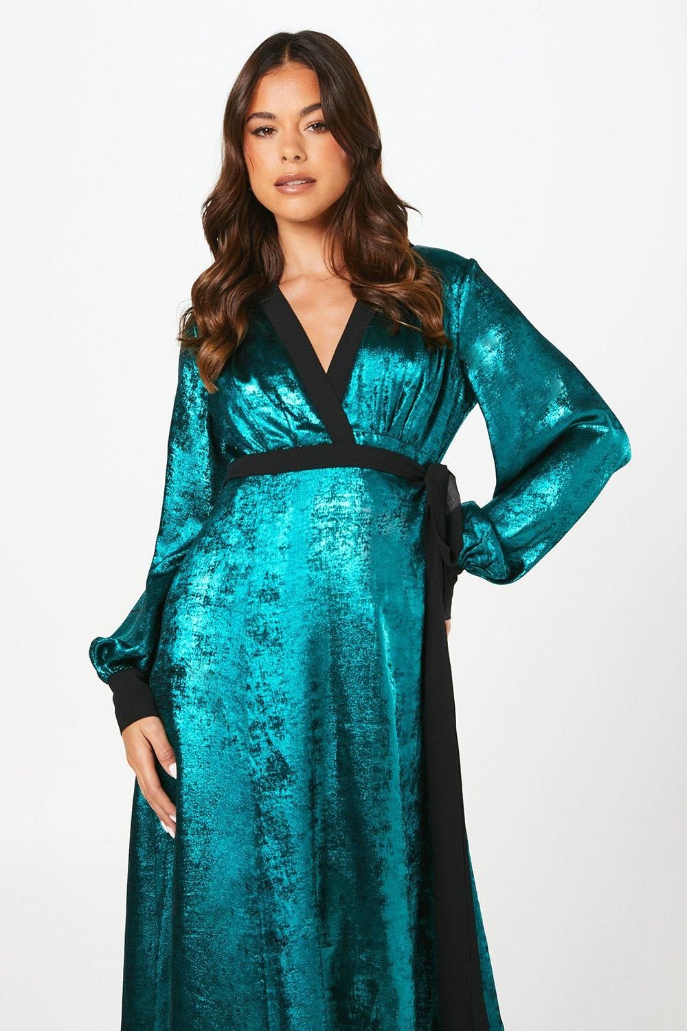 Coast Petite Party Metallic Long Sleeve Wrap Midi Dress