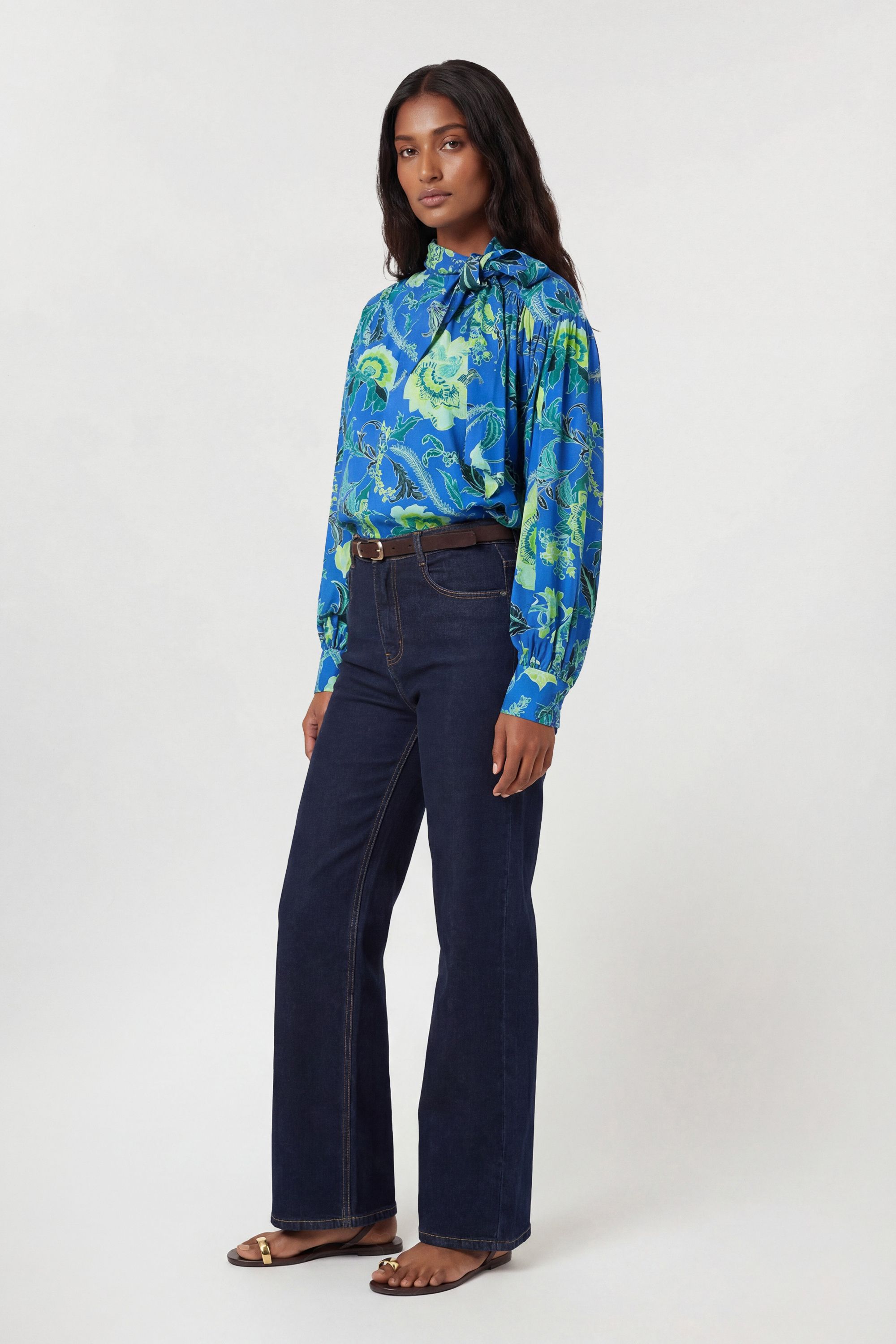 KarenMillen Viscose Woven Stripe Contrast Blue Floral Blouse