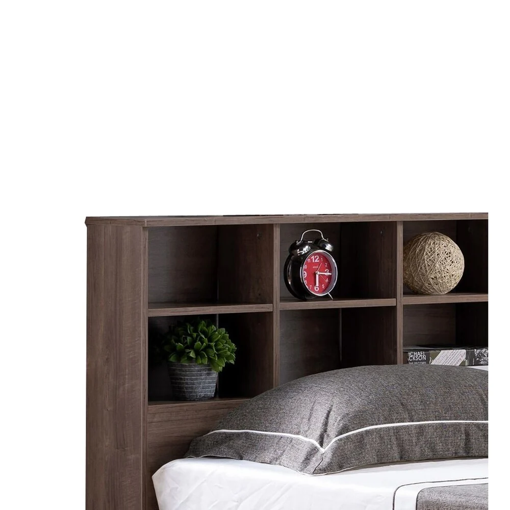 Wooden Full Bookcase Headboard with 6 Open Compartments, Hazelnut Brown