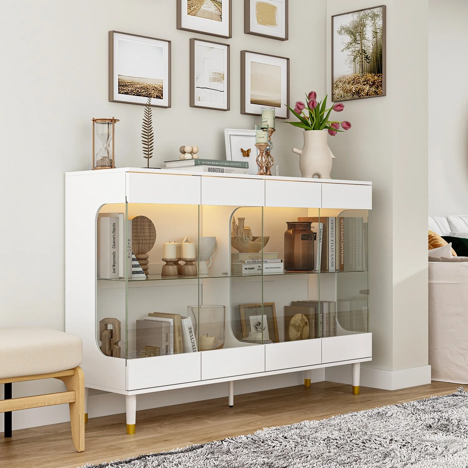 Elegant Glass Door Display Cabinet w/LED Lights - Home Decor Showcase - 55.1x38.2