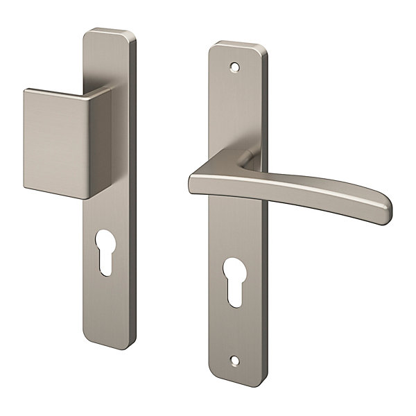 Ensemble poignée sur plaque rectangulaire GoodHome Irvil effet nickel satin gris L.126.5mm x l.24.5mm entraxe 195mm