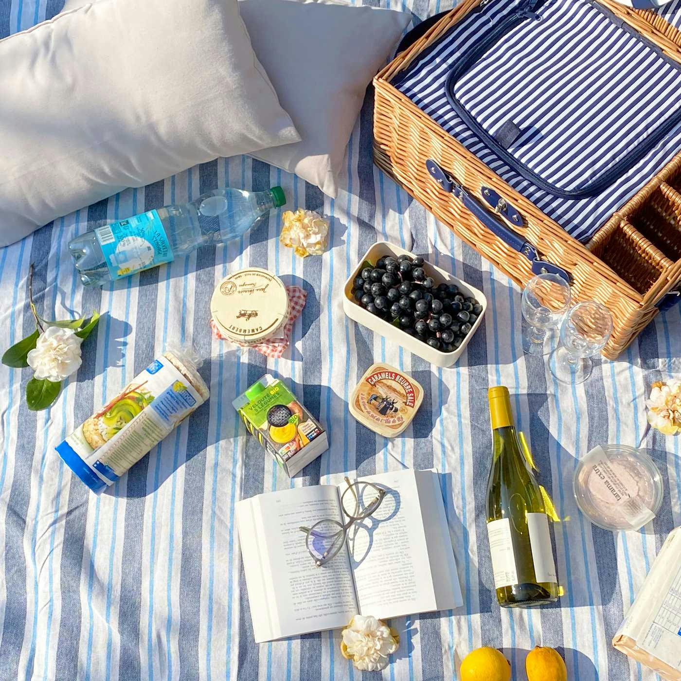 - Nappe pique-nique à rayures bleues et blanches 140 x 140 cm