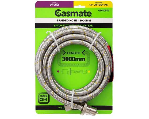 Gasmate Braided Bayonet Hose - 3000mm (Bayonet To 5/8" UNF (3/8" SAE))
