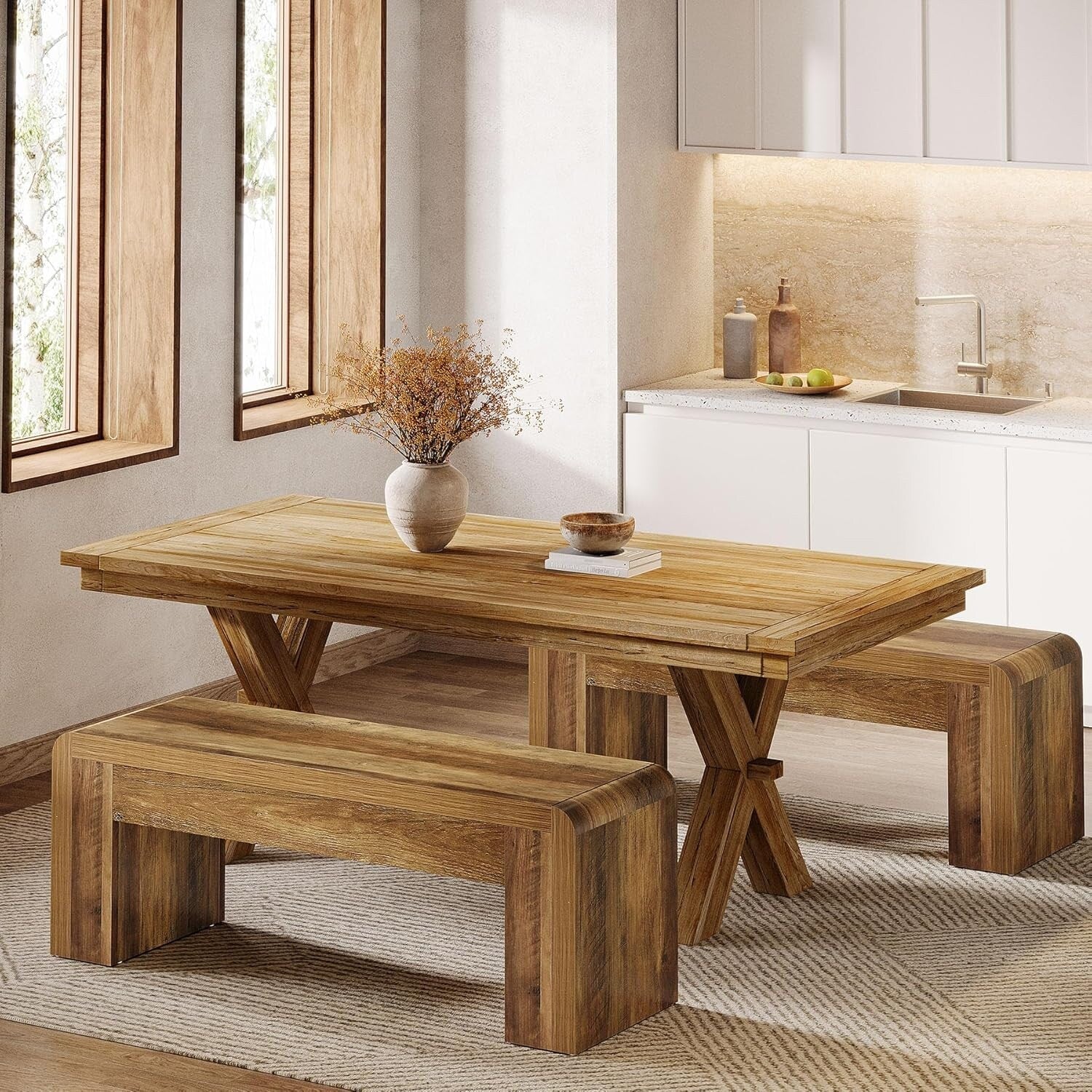 47 Inches Brown Engineered Wood Dining Bench, Farmhouse Kitchen Table Bench for Dining Room, Restaurant