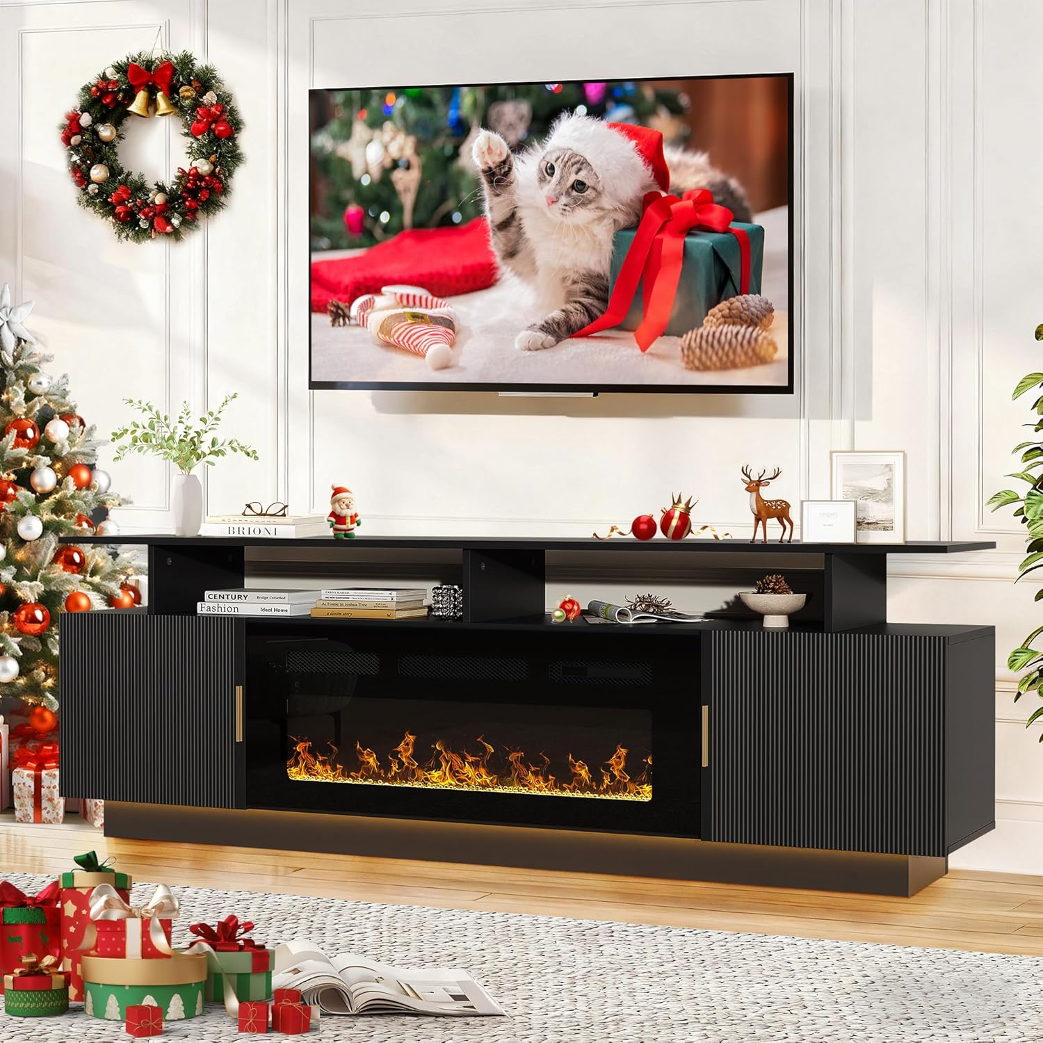 70” Fluted TV Stand with 36” Electric Fireplace, 2 Tier TV Console Cabinet with Storage Cabinet, LED Lights, Power Outlet, Modern Wood Entertainment Stand Fits TVs up to 80 for Living Room (Black)