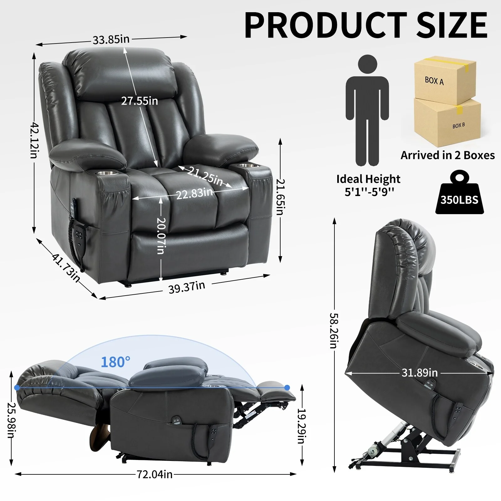 Grey Dual Motor Power Lift Recliner with 8-Point Massage, Lumbar Heat, Stainless Steel Cup Holders, and Storage Pockets