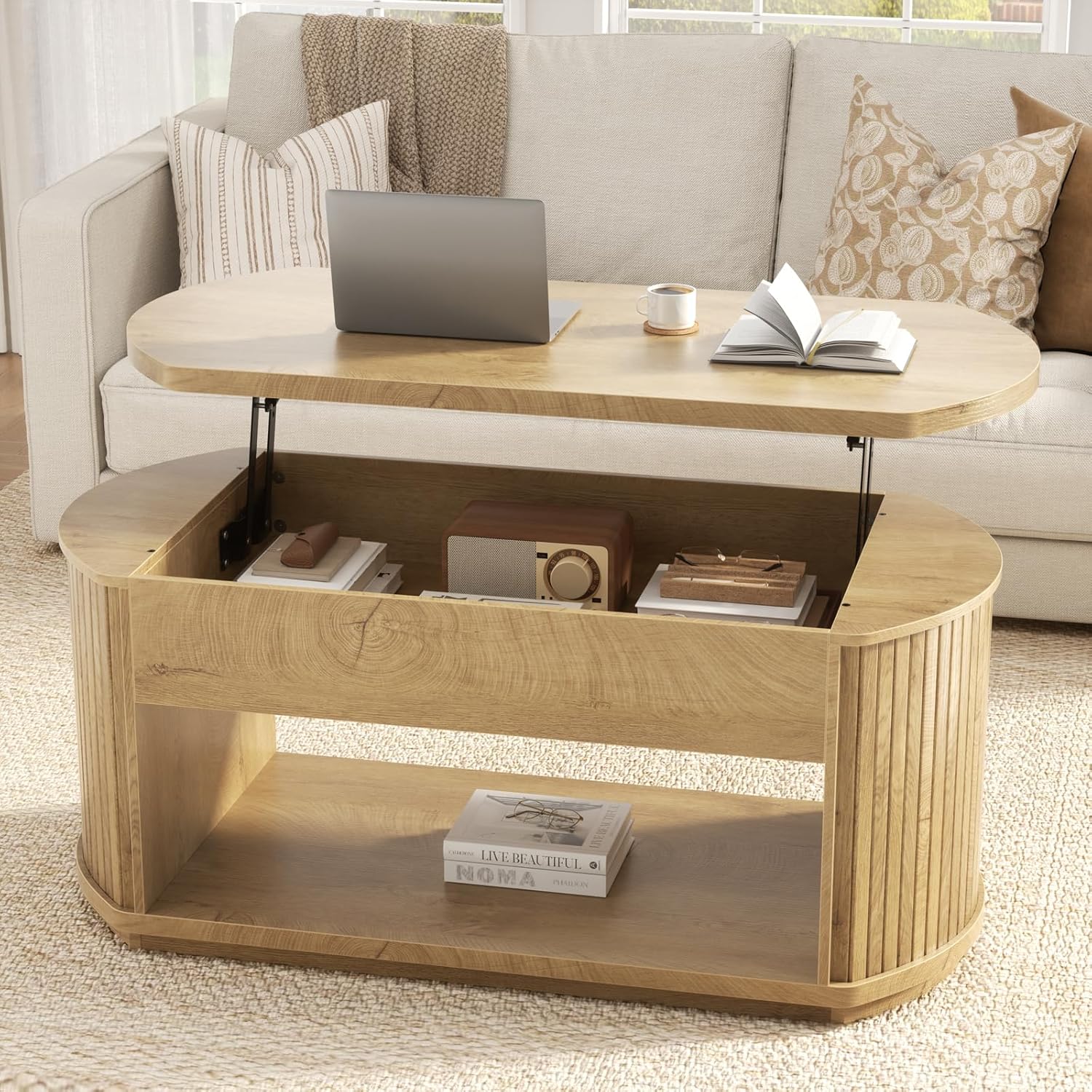 FABATO Oval Lift Top Coffee Table with Storage, Mid Century Modern Coffee Table for Living Room, 2 Tier Center Table with Lift-Top, 41.7 Fluted Wood Table for Reception Room, Home Office, Wood