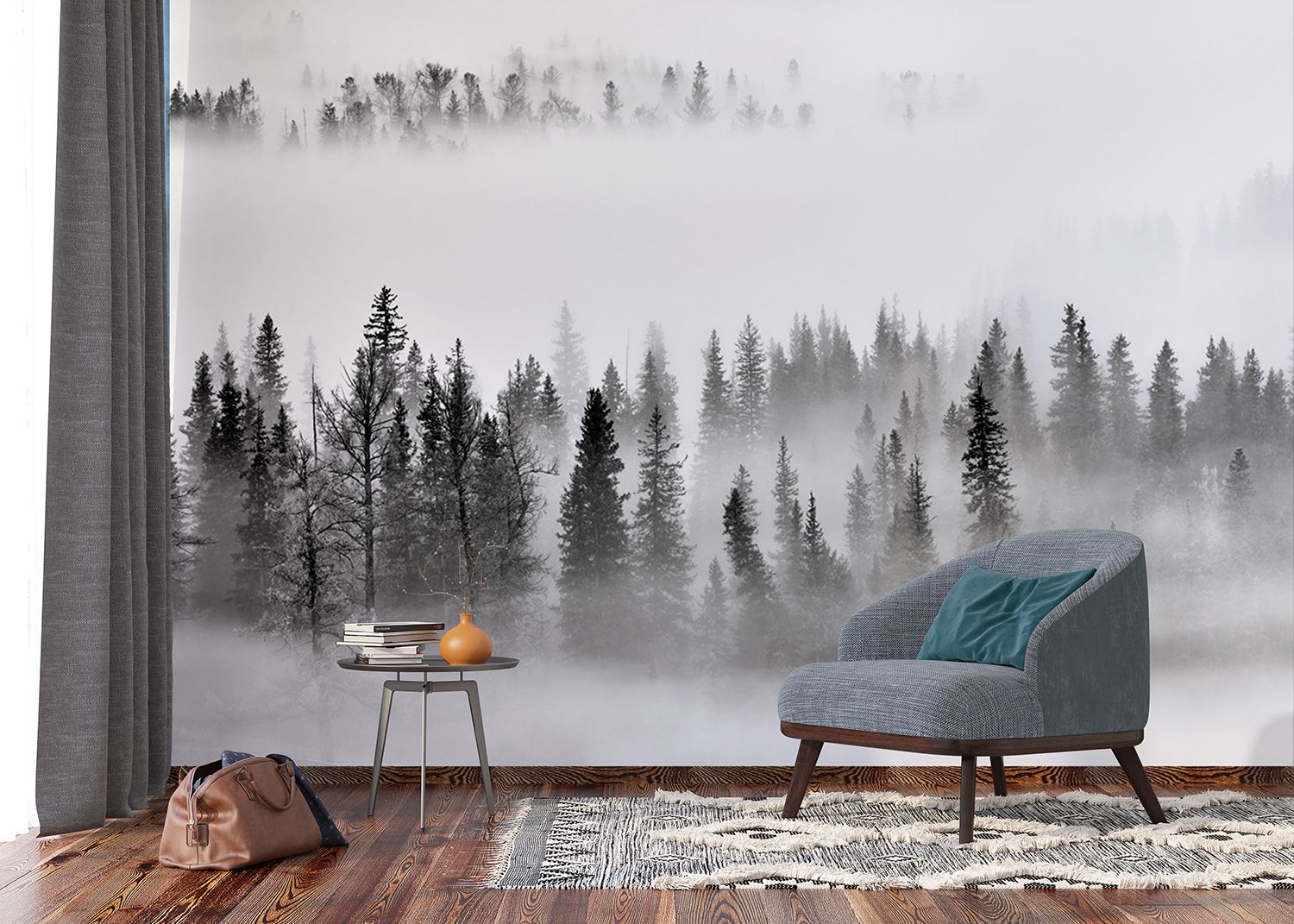 Sanders & Sanders fotobehang berglandschap met bomen zwart, wit en grijs - 375 x 270 cm - 601013