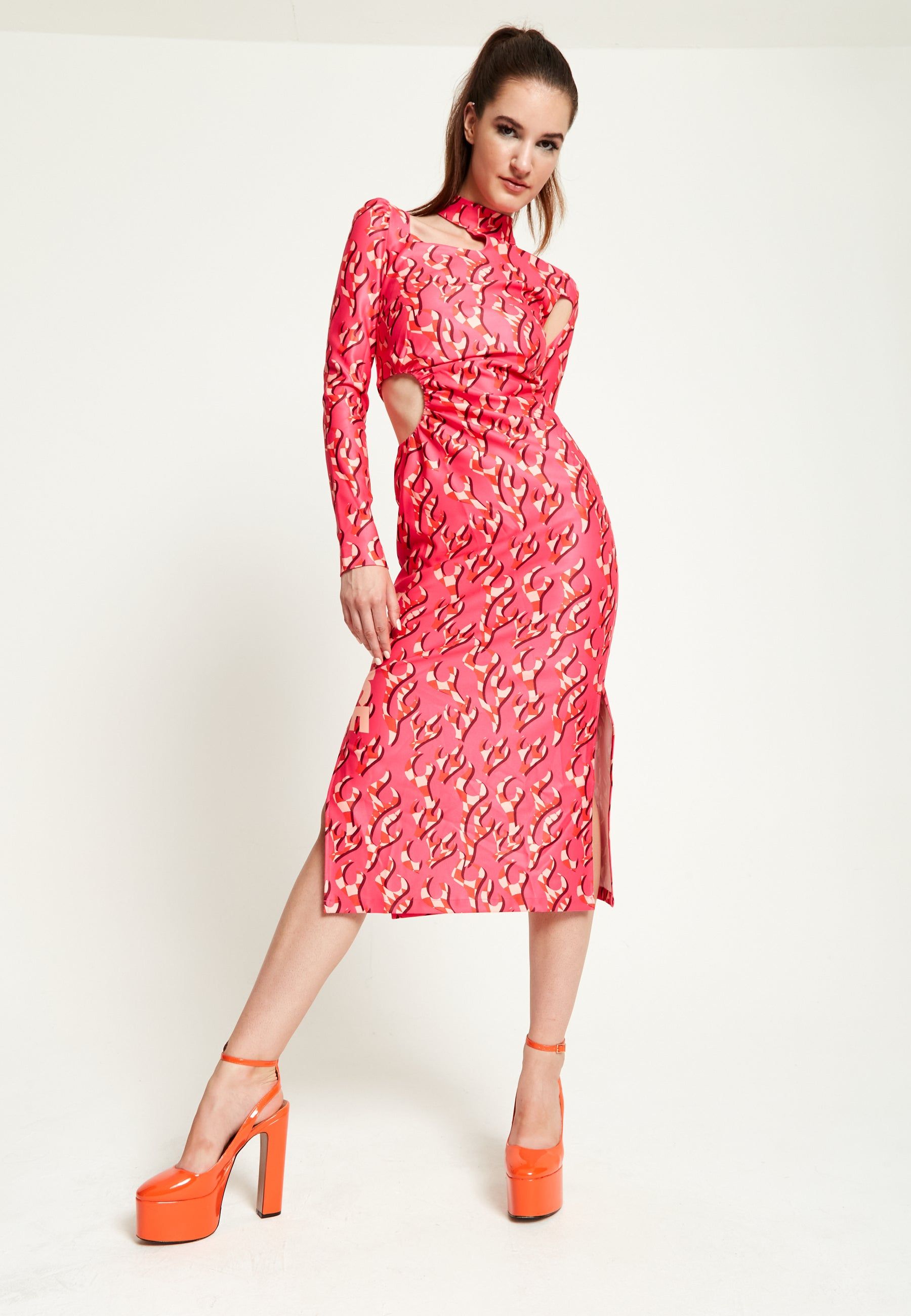 House of Holland Pink Flame Clashing Colours Midi Dress With Cut Out Details