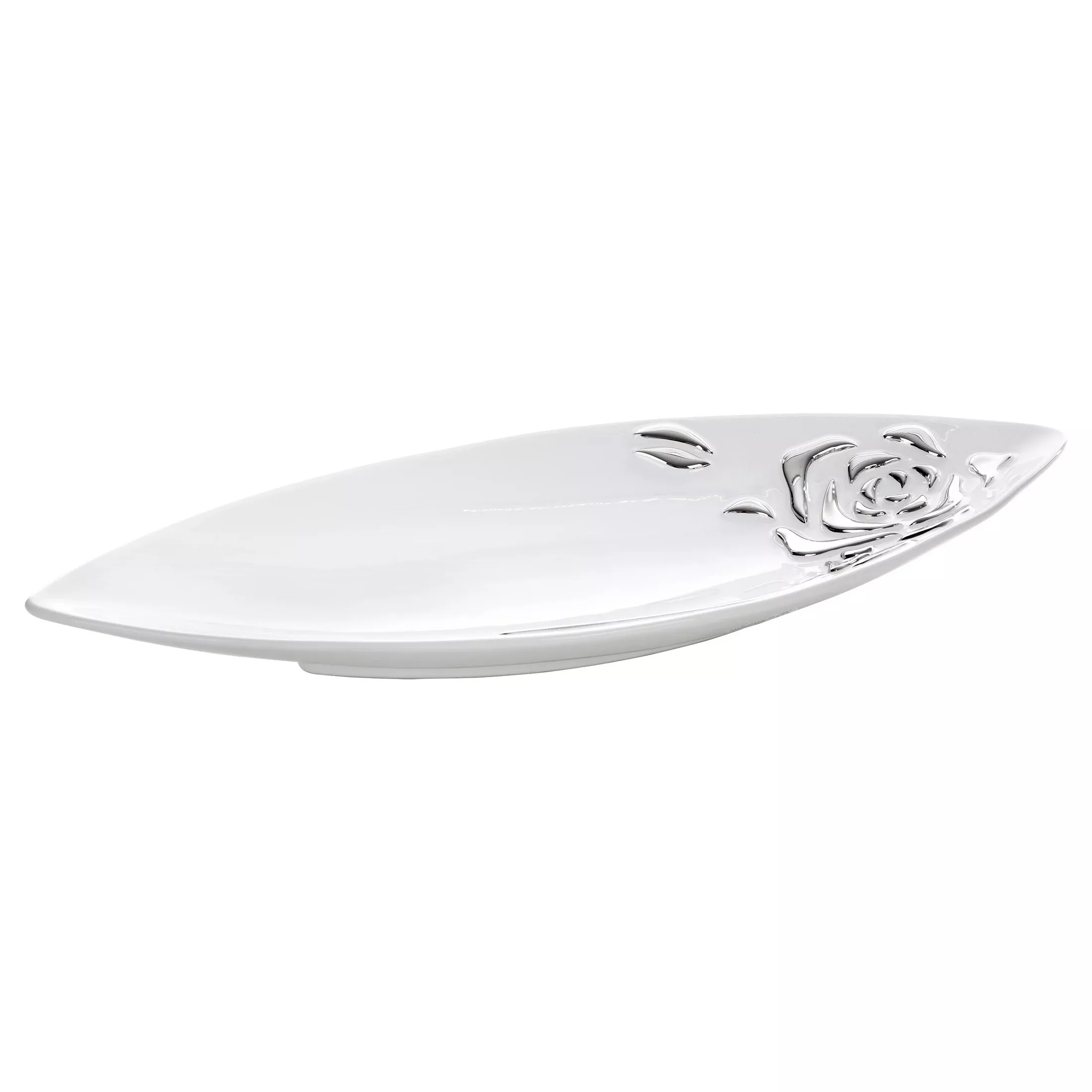 Patera ceramiczna dekoracyjna biało-srebrnaw kształcie łódkizdobiona wypukłą różą 50x20x5 cm FLORESA