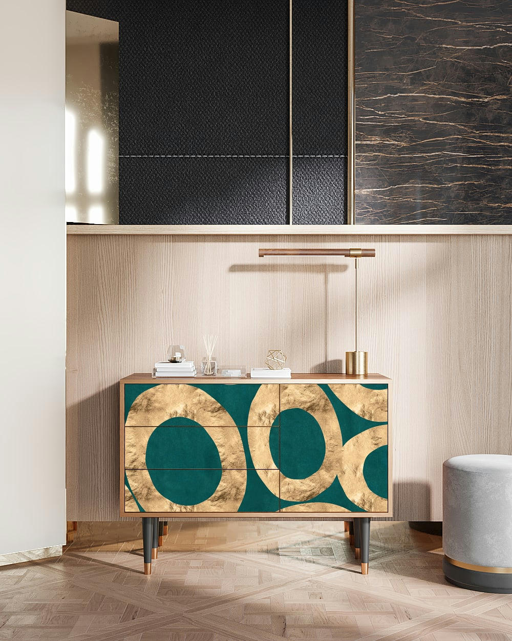 ZIRCON SPHERE - Buffet  bleu-vert 3 tiroirs et 1 porte L 115 cm