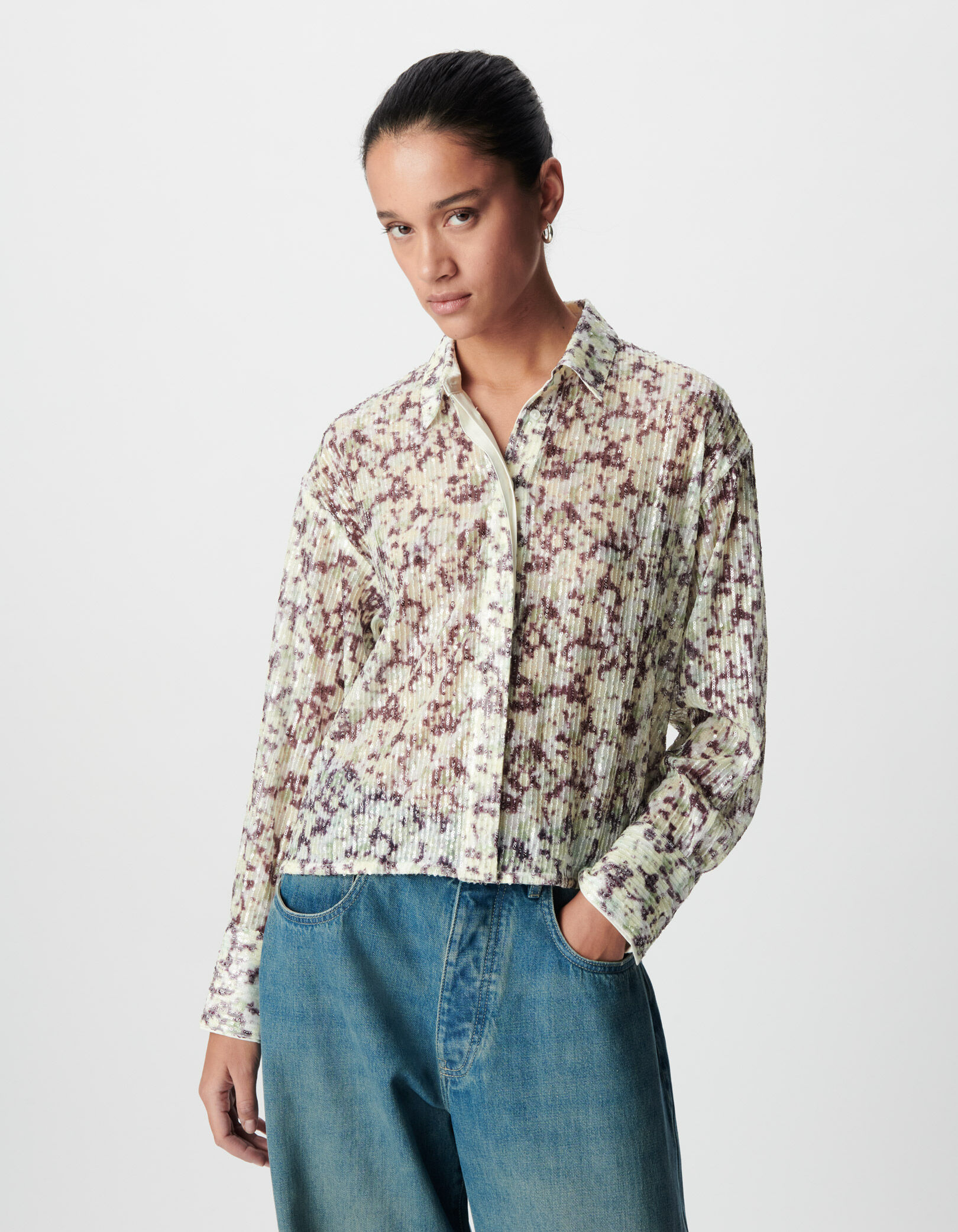 Chemise verte motif camouflage broderies sequins Femme
