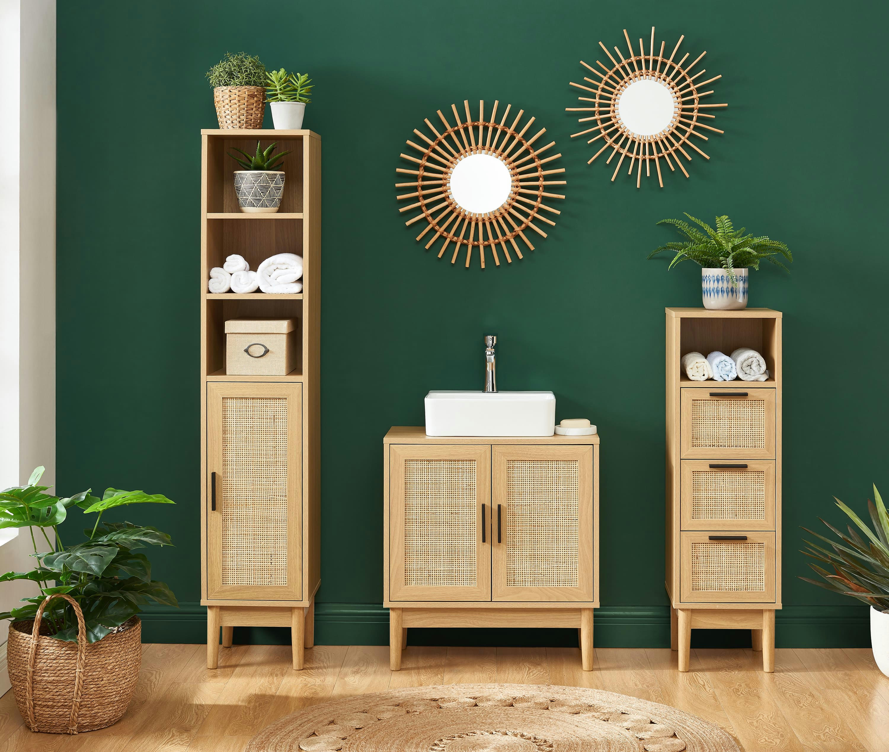 AMANA - Meuble sous vasque  effet chêne et cannage rotin l60cm