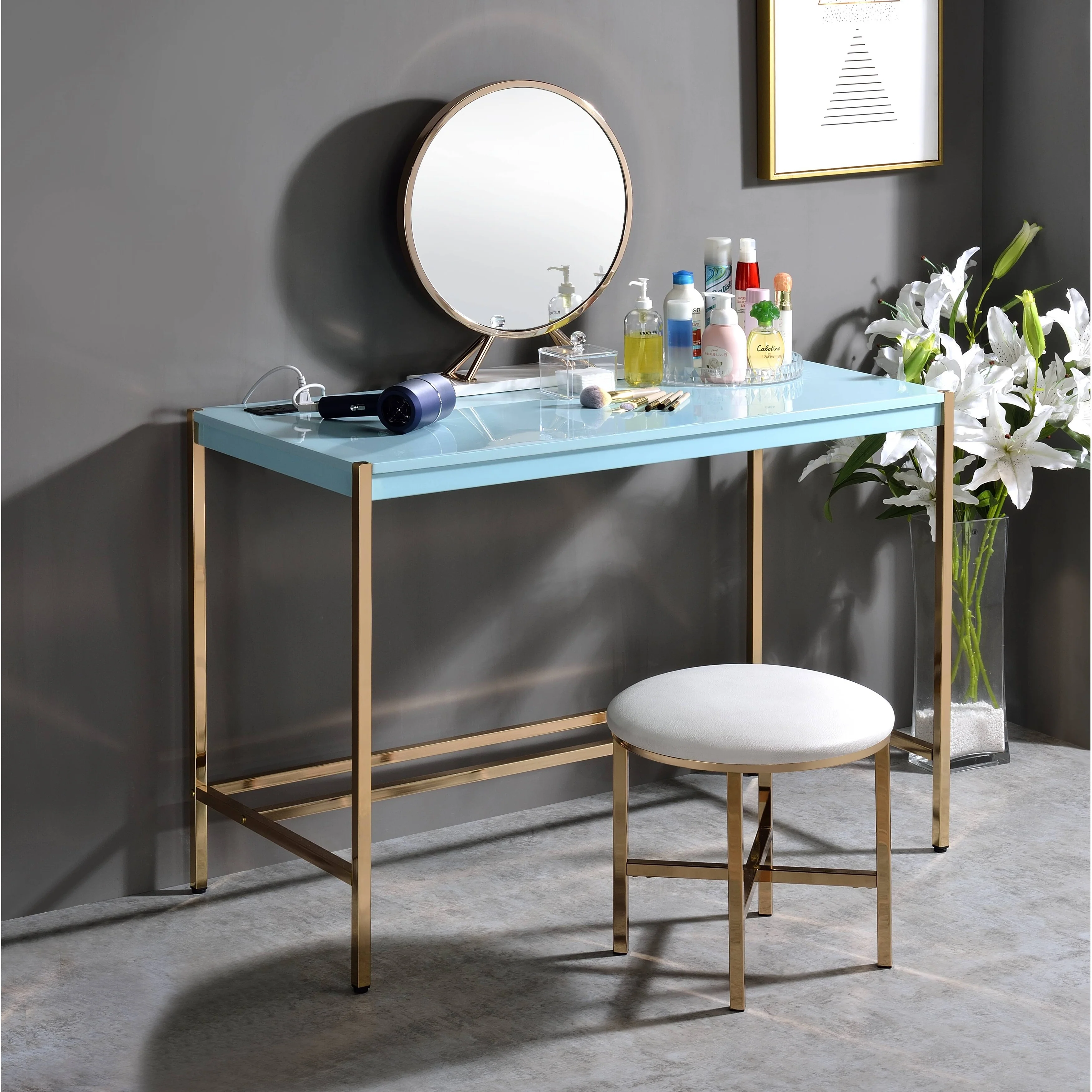 Midriaks Blue & Gold Finish Writing Desk W/USB