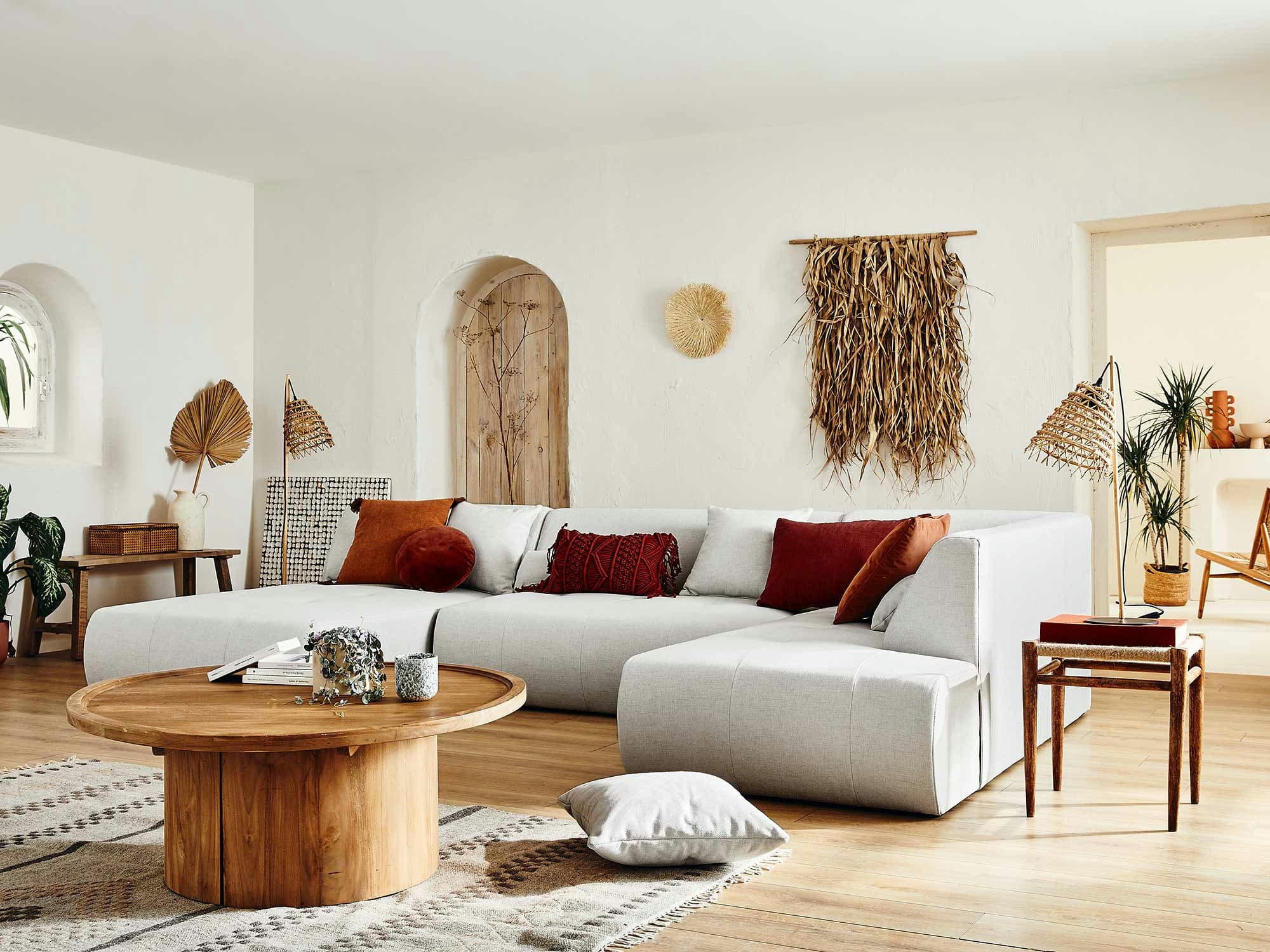 ONYX - Canapé modulable 7 places angle droit en tissu gris clair