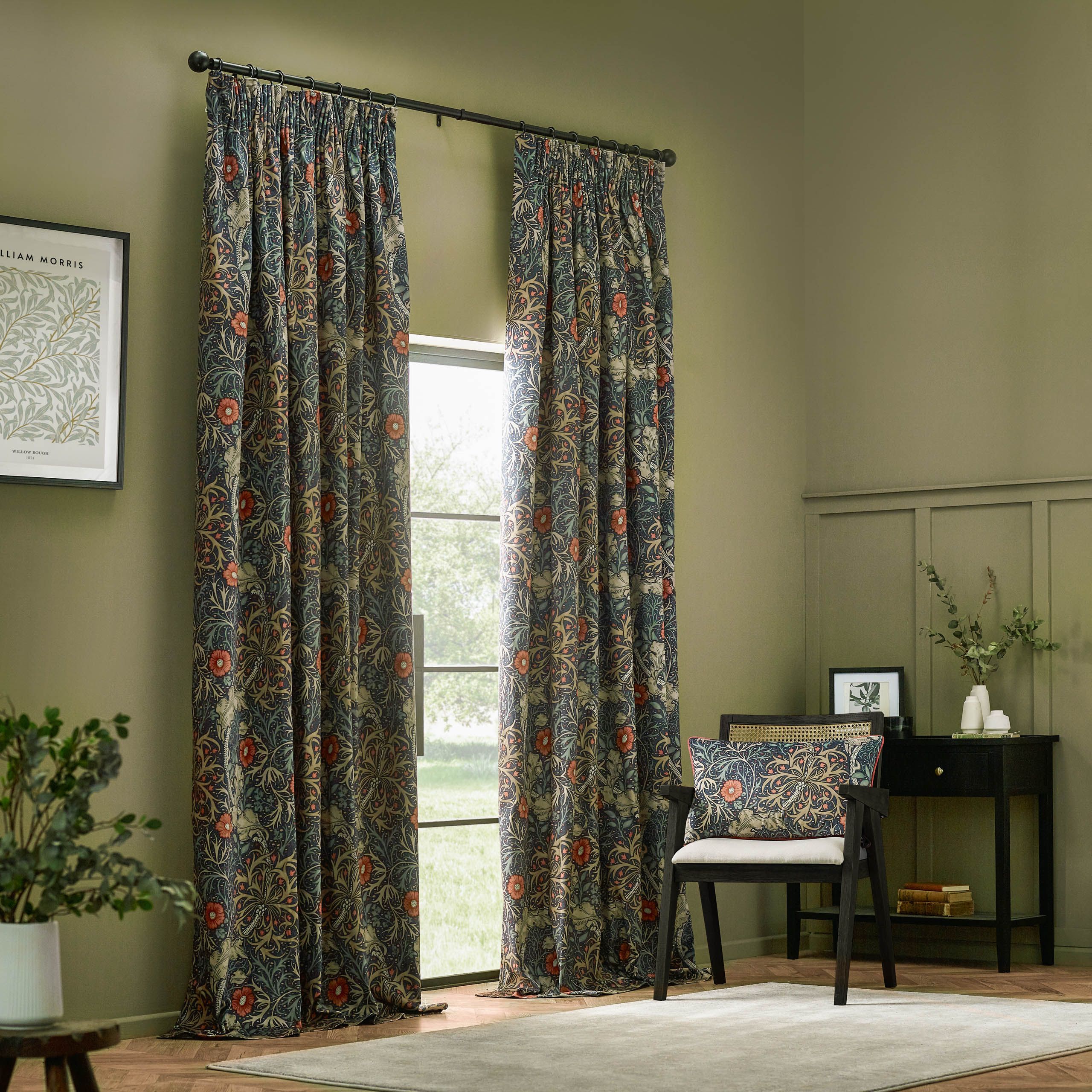 Morris & Co Seaweed Printed Velvet Room Darkening Pencil Pleat Curtains