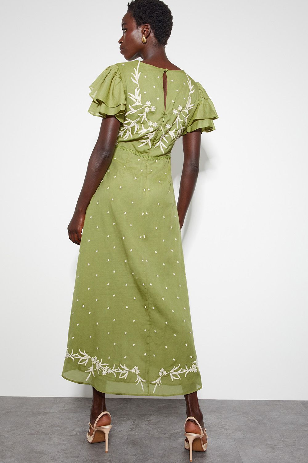 Monsoon Arabella V-Neck Embroidered Midi Dress Green