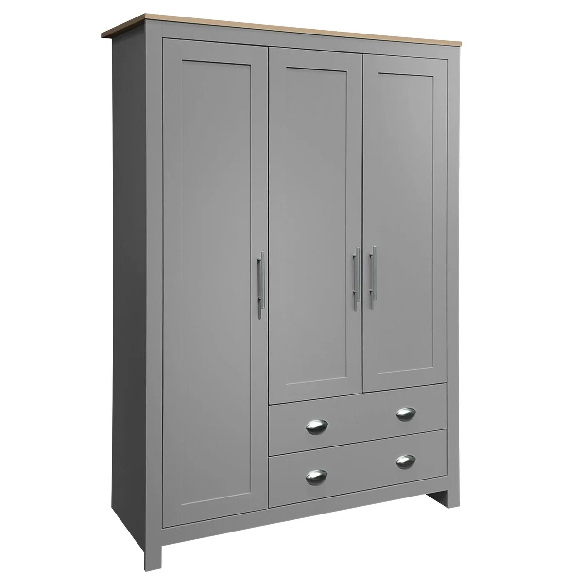 Three Door Storage Wardrobe with Cabinets and Two Hanging Rods
