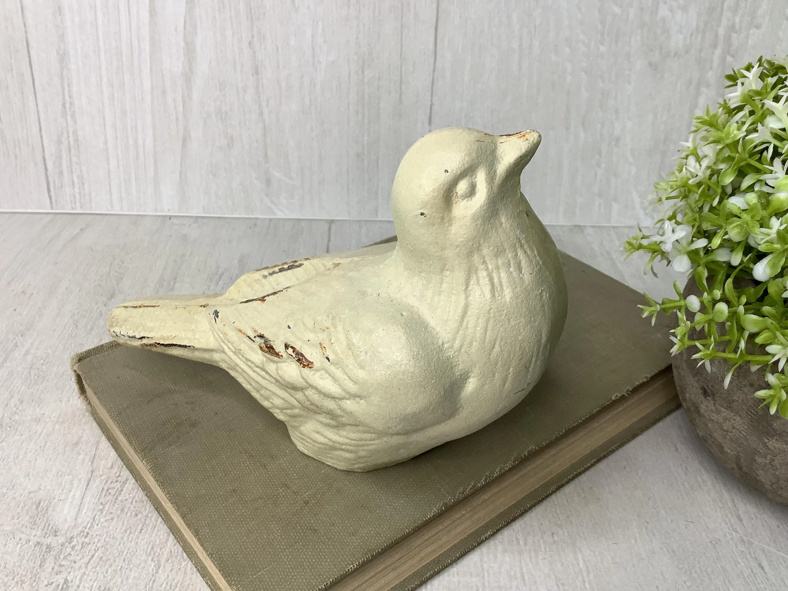 Vintage Cast Iron Bird Figurine/ Distressed Cream White Decorative Metal Bird Sculpture/ Doorstop, Paperweight/ Farmhouse, Shabby Chic