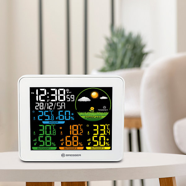Bresser Station Météo Couleur 3 Capteurs Extérieurs Température Humidité Prévisions Horloge Réveil Portée 80m IP44