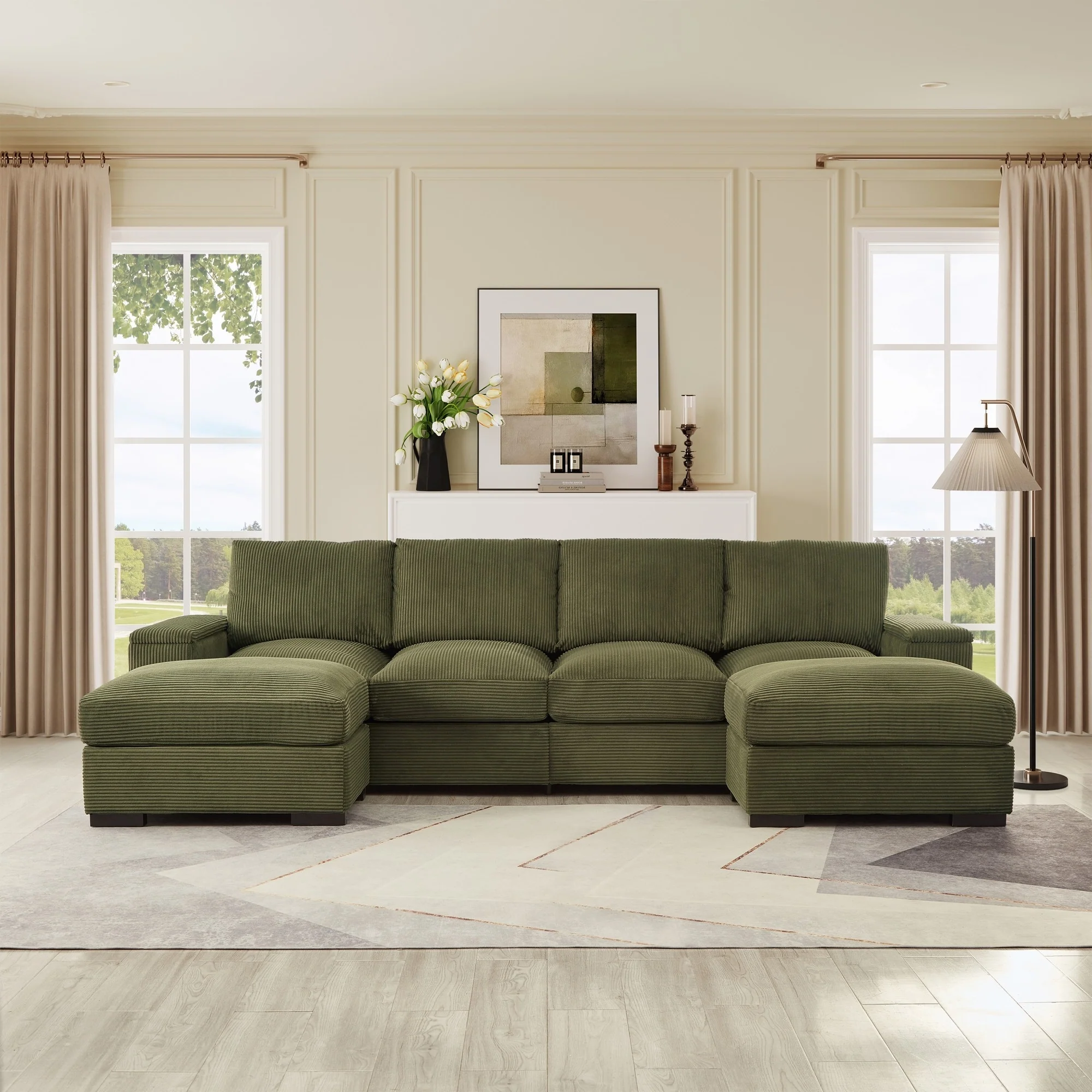 U-shaped corduroy sofa with removable footstool and storage armrests