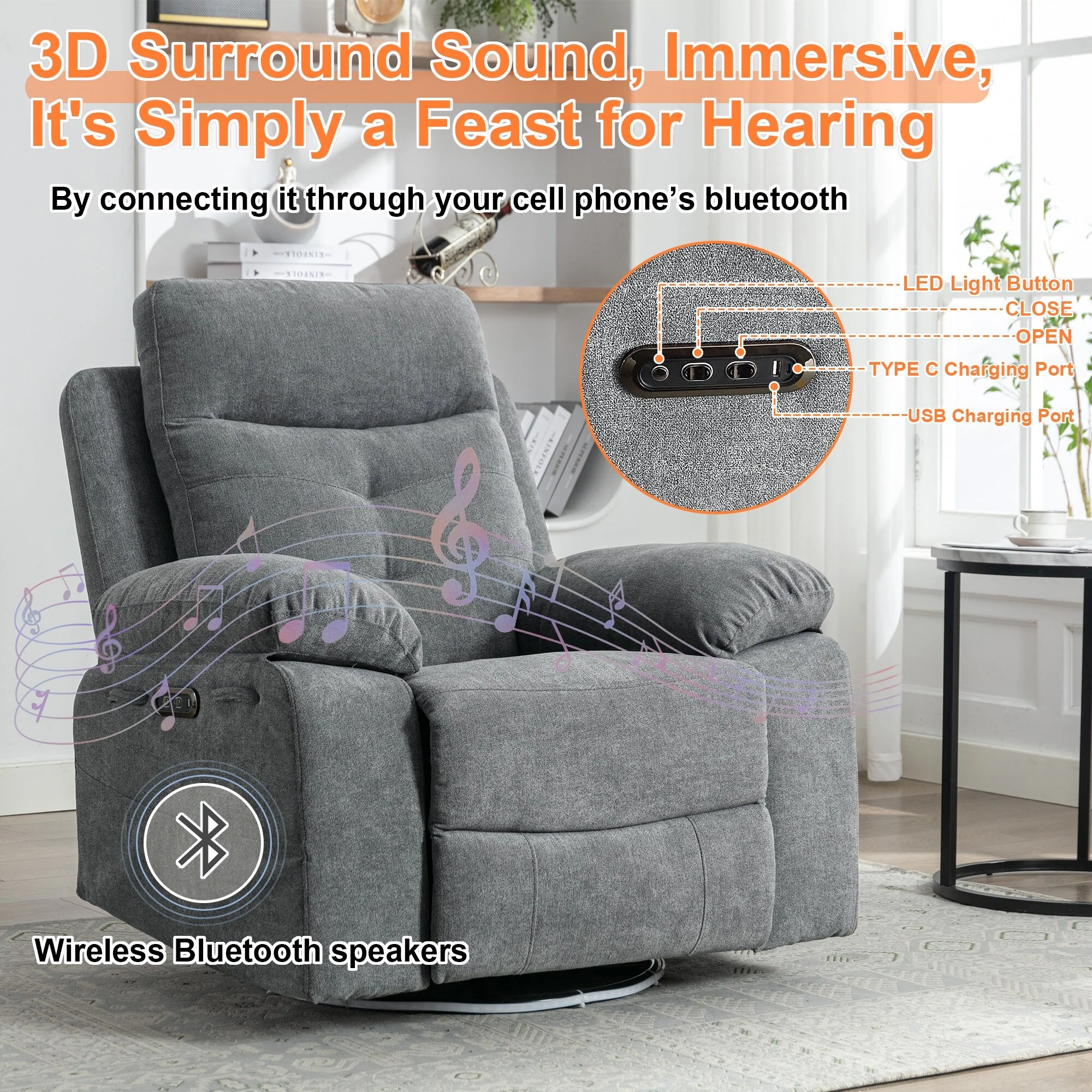 Light Grey Oversized 270° Swivel Glider Rocker Power Recliner with Bluetooth Speaker, LED Light, USB & Type C Ports