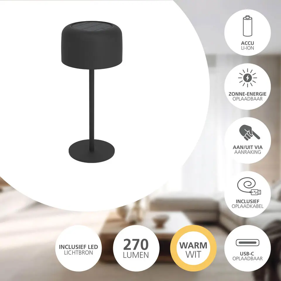 EGLO Roccanova Tafellamp - Solar - 30 cm - Zwart - Oplaadbaar