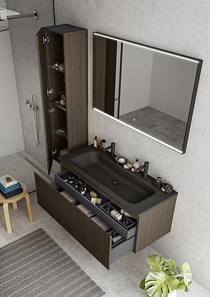 Meuble vasque suspendu plaqué noyer strié l.120 cm   plan vasque noir mat résine pour 2 robinets, Pura