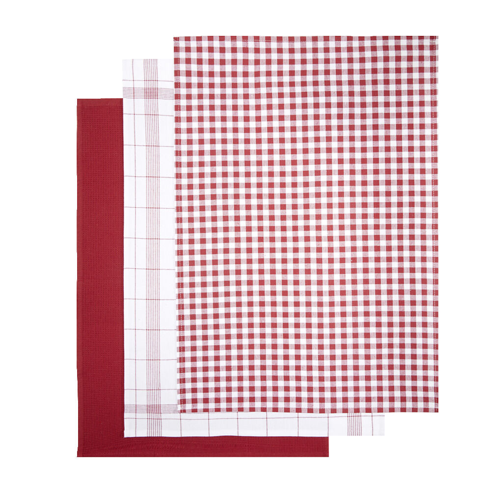 Lot de 3 torchons rectangulaires 50x70cm 100% coton blanc et rouge