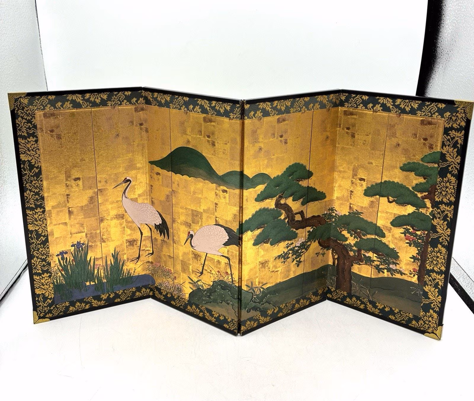 Vintage Japanese Byobu Folding Screen Cranes Pine Gold 18” Miniature Tabletop