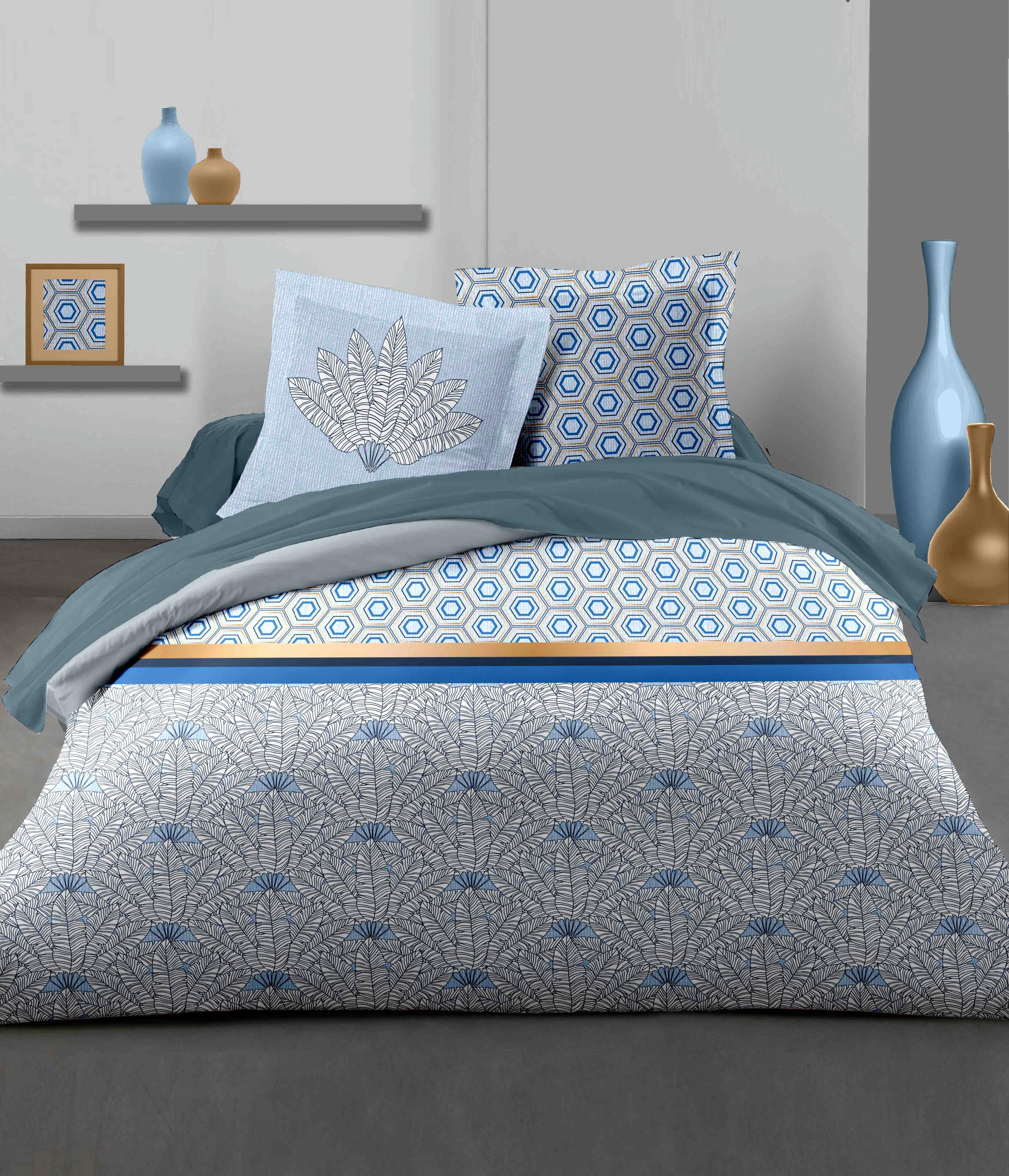LOUXOR - Parure de Couette 100% Coton Bleu 240x260 cm
