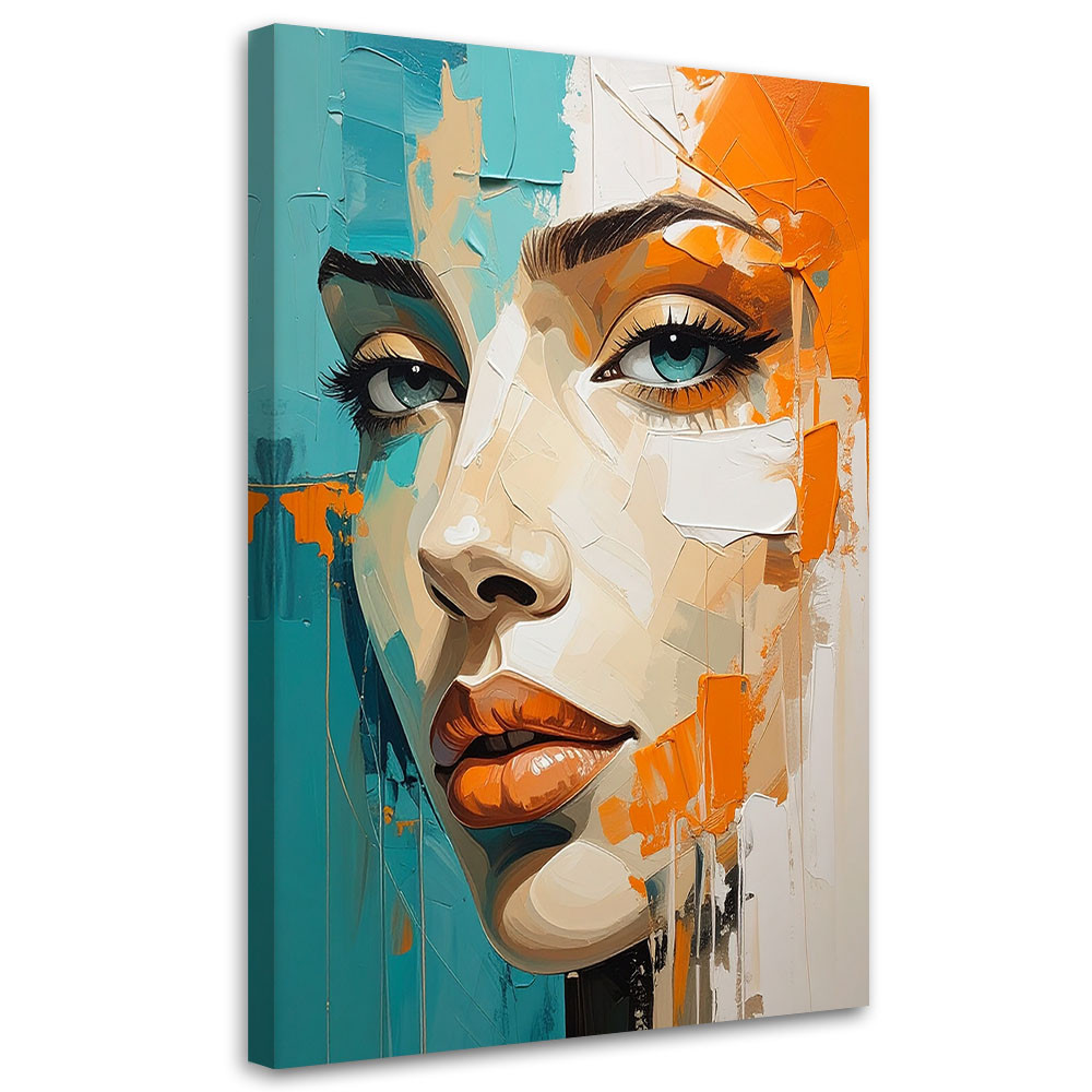 Obraz do salonu sypialni, Kobieta portret turkusowy pomarańczowy 20x30