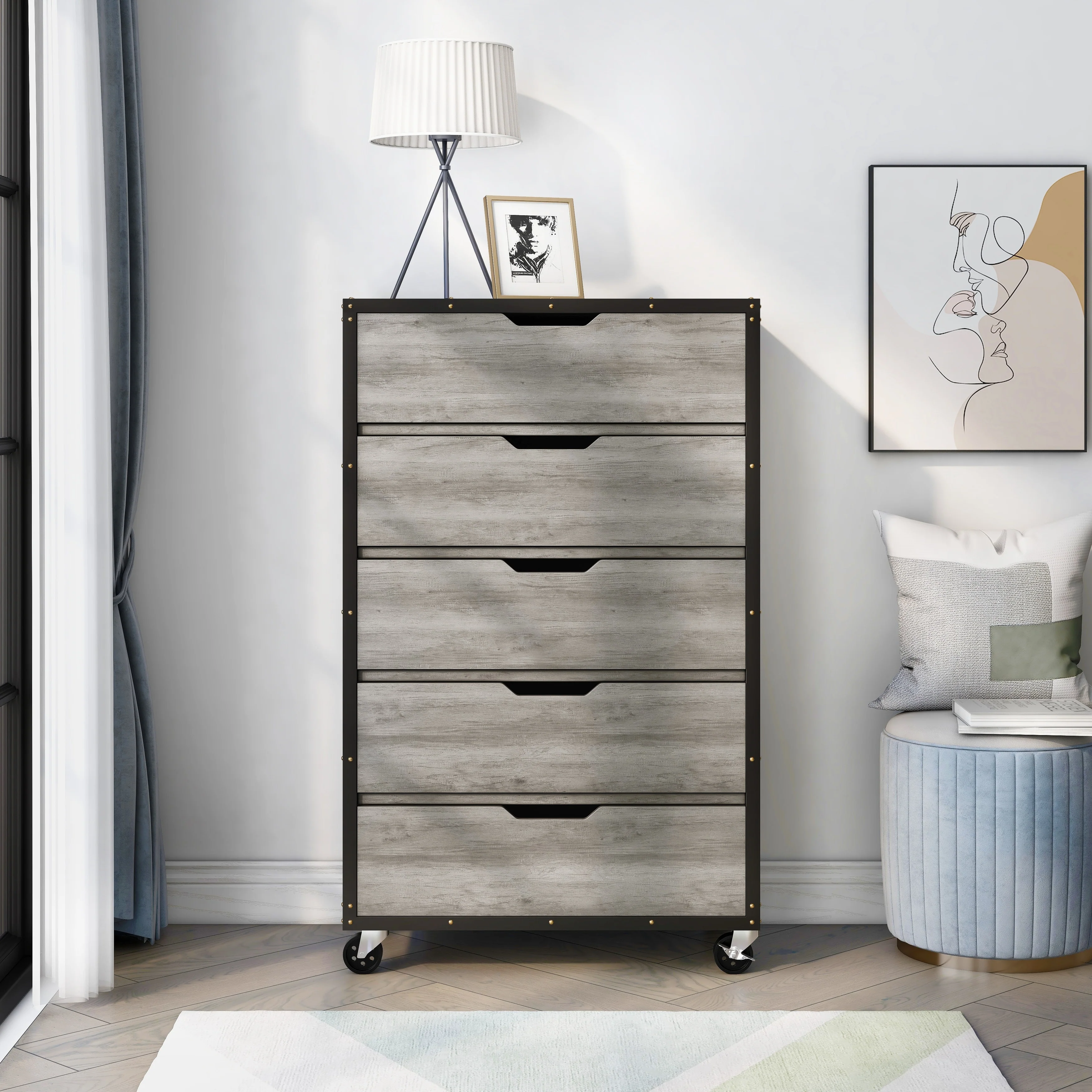 Samuels Industrial Vintage Grey Oak 31-inch Wide 5-Drawer Mobile Vertical Dresser